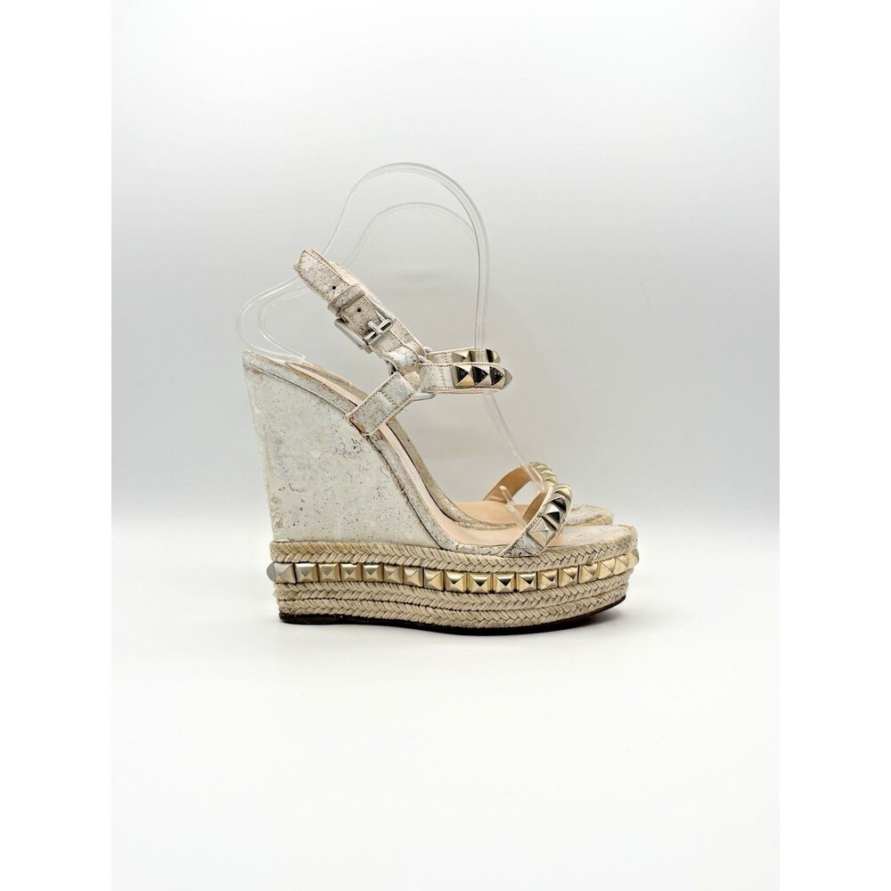 Christian Louboutin White & Gold Cork Cataclou Wedge Espadrilles Size EU 37